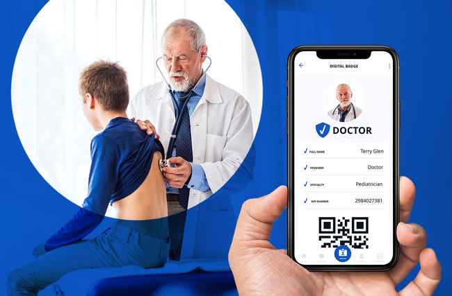 A screenshot of a physician's digital badge and personalized QR Code on the Vigil App.