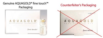 Original AQUAGOLD® fine touch™ with Aquavit’s original trademark vs. Counterfeiter U-BioMed’s fake Aquagold Packaging with the now-invalid trademark