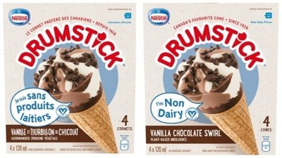 DRUMSTICK Vanilla Chocolate Swirl Non-Dairy Frozen Dessert Cones and DRUMSTICK Caramel Non-Dairy Frozen Dessert Cones

4 x 120 Millilitre (CNW Group/Nestle Canada Inc.)