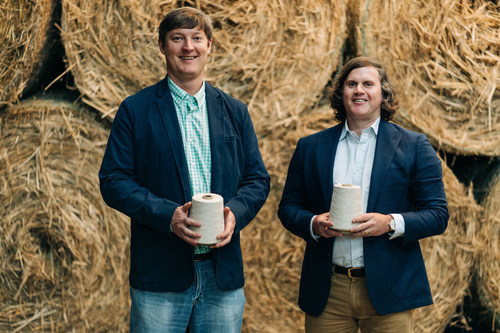 CEO, Coleman Beale and Managing Director, Austin Bryant pictured in BastCore's bale room holding cones of yarn processed through the company's proprietary technology system. BastCore buys hemp stalks and sells fiber products, bridging the gap between farmers growing hemp and industries demanding cost-competitive, sustainably produced raw materials.