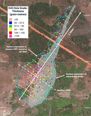 Figure 2: Drill hole plan view map showing grade-thickness. (CNW Group/Montage Gold Corp)