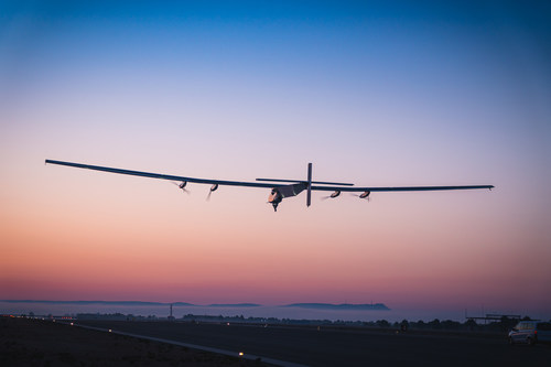 Skydweller aircraft ascends at sunrise for flight test