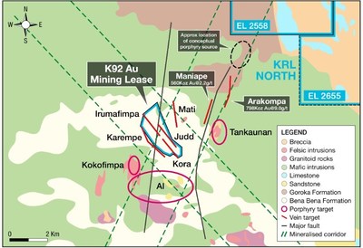 Figure 2: Location of KRL North Relative to Known and Conceptual Mineralisation (CNW Group/Kainantu Resources Ltd.)