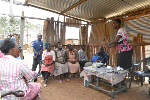 A group medical visit at AMPATH Kenya. When combined with a microfinance intervention, group medical visits can help lower blood pressure in patients with diabetes or hypertension.