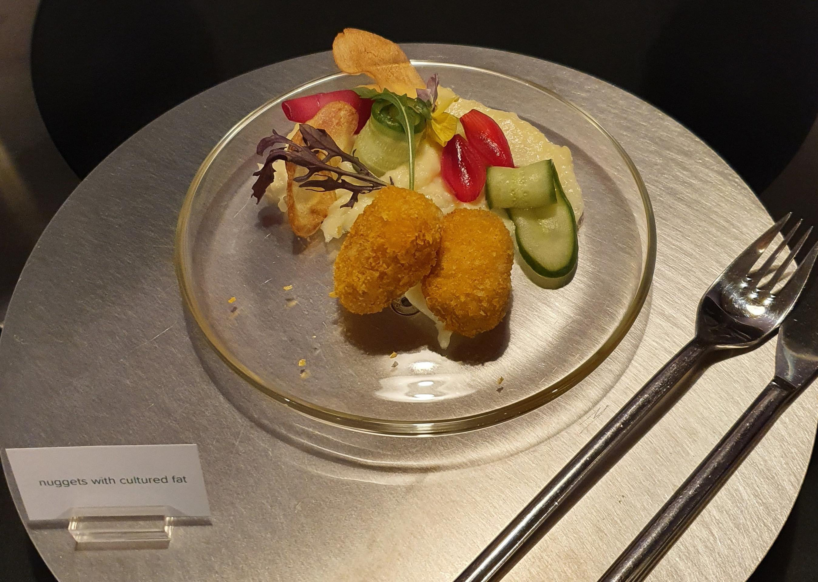 Hybrid nugget served at Peace of Meat’s public cultured meat tasting. Twenty percent of the nugget was composed of Peace of Meat’s cultured chicken fat. (PRNewsfoto/MeaTech 3D Ltd.)