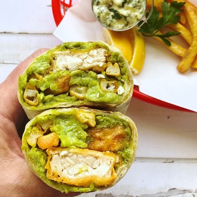 Fishless Fish and Chips Burrito with Gardein Fishless Filets and Creamy Pea Puree and Tartar Sauce is one of four recipes featuring Gardein created by the Potash Brothers for National Look Alike Day.