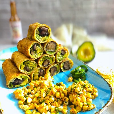 Chips and Guac "Egg Rolls" with Gardein Beefless Tips and Street Corn Salsa is one of four recipes featuring Gardein created by the Potash Brothers for National Look Alike Day.