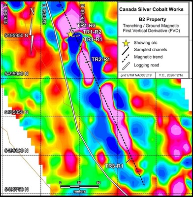 Figure 3. B2 Showing and channel location with ground geophysical survey (CNW Group/Canada Silver Cobalt Works Inc.)