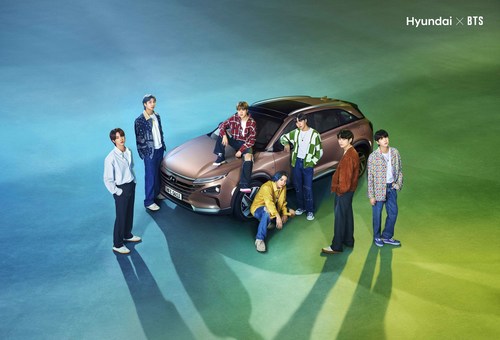 Hyundai Motor's hydrogen fuel cell SUV, NEXO with BTS, (from left) Jin, RM, Jimin, Jung Kook, j-hope, V, SUGA