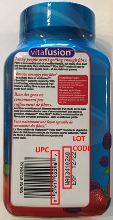 Comment trouver le CUP du produit touché ou le code de lot du produit vitafusion Fibre Well (Groupe CNW/Santé Canada)