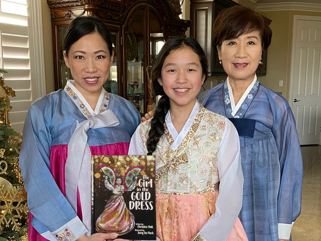 Christine Paik, her daughter, and her mother, Jung Lin Park. Three generations with The Girl in the Gold Dress: a children's book that is "an engaging, accessible narrative of immigration, resilience, and connections between generations."-Kirkus Review