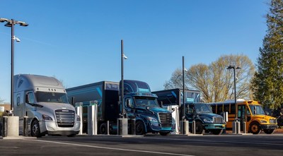 Electric vehicles, including the freightliner eCascadia and eM2 trucks made by DTNA, charge at DTNA and PGE’s Electric Island charging site