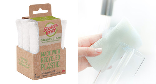 The Scotch-Brite® Greener Clean Non-Scratch Scrubber is made with 75% post-consumer recycled plastic and encased in recyclable packaging made from 100% recycled content.