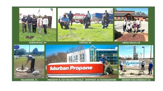 Suburban Propane CEO, Michael Stivala, planting a blue spruce tree at the company’s Whippany, NJ headquarters (center) with simultaneous tree plantings at Customer Service Centers in Grass Valley, CA; Horseheads, NY; Fenton, MI; Tallahassee, FL; and a cactus planting at Oberon Fuels in Brawley, CA.