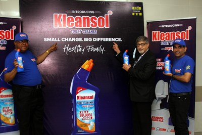L-R: Mr. Ita Ekpenyong, Sales Director, TGI Distri Limited; Mr. Sunil Sawhney, Managing Director, TGI DISTRI Limited; Mr Chander Rathore, Sales Director, TGI DISTRI Limited at the launch of Kleansol Toilet Cleaner in Lagos recently.