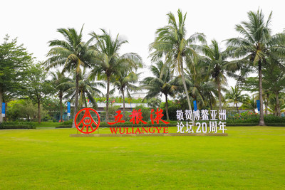 La photo montre le logo du principal fabricant d'alcool chinois Wuliangye sur une pelouse  la confrence annuelle 2021 du forum de Boao pour l'Asie (BFA) qui s'est tenue  Hainan, dans le sud de la Chine. (PRNewsfoto/Xinhua Silk Road)