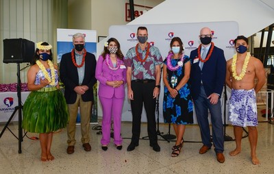 Pictured from L to R (not including dancers): Doug Driskill, chair for the Austin Chamber Air Service Task Force; Vanessa Fuentes, Austin city councilwoman, District 2; Peter Ingram, president and CEO of Hawaiian Airlines; Jacqueline Yaft, chief executive officer of Austin-Bergstrom International Airport; and Tom Noonan, president & CEO of the Austin Convention & Visitor’s Bureau