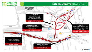 Réaménagement de l'échangeur Dorval - Fermeture de l'autoroute 520 en direction est du 26 avril au 3 mai 2021