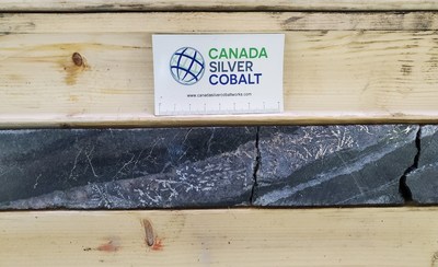 High-grade silver mineralization over 4  6 cm true width in hole CS-20-39W2 at 51,612 gpt (1,506 opt) Ag over 0.41m (CNW Group/Canada Silver Cobalt Works Inc.)