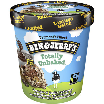 Ben & Jerry's newest flavor is oven-proof: introducing TOTALLY UNBAKED! The combo chocolate and vanilla base flavor features chocolate chip cookie dough and brownie batter swirls.