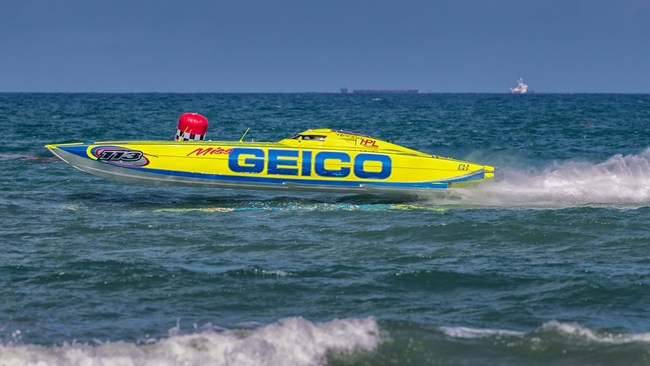The 47-foot Miss GEICO Victory Catamaran rounds the first buoy during race competition. The Miss GEICO Team earned their 11th world champion title during the 2020 race season.
