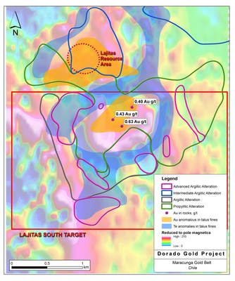 Figure 1. Magnetic, geochemical, mineralization, and alteration results from the Lajitas South target. (CNW Group/Angold Resources Ltd.)