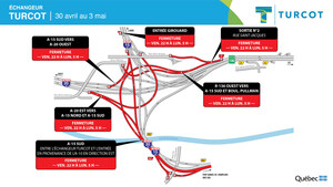 Projet Turcot - Fermetures majeures dans le corridor de l'autoroute 15 en direction sud du 30 avril au 3 mai 2021