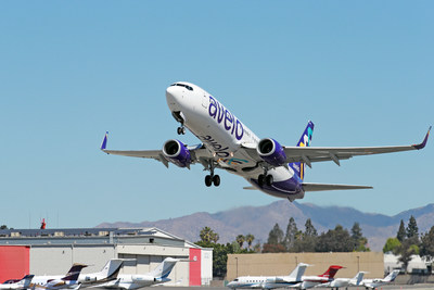 BURBANK, CALIFORNIA - APRIL 28: Avelo Airlines takes off with first flight from Hollywood Burbank Airport on April 28, 2021 in Burbank, California.