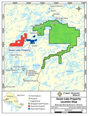 Location of the Swain Lake Property and the Springpole Gold Project: (CNW Group/First Mining Gold Corp.)