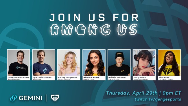 Viewers can tune in at 9pm ET tonight on Twitch to watch GEMINI AMONG US - a live-stream event hosted by Gen.G and Gemini aimed at educating viewers on the world of Cryptocurrency. Gemini Founders Tyler and Cameron Winklevoss will be joined by top streamers to discuss cryptocurrency, Gemini, NFTs, and the upcoming launch of the Gemini Credit Card.