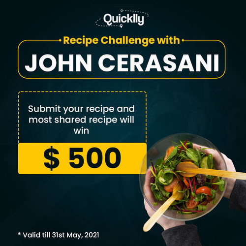 Startup investor John Cerasani and Quicklly join forces to give recipe creators a chance to win $500 and lifetime royalties when their recipes go viral.