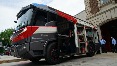 Rosenbauer's Revolutionary Technology (RT), America's first fully electric fire truck, visits Engine 3 in Washington, D.C.