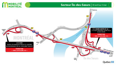 A15 et secteur le des Soeurs, fin de semaine du 30 avril (Groupe CNW/Ministre des Transports)