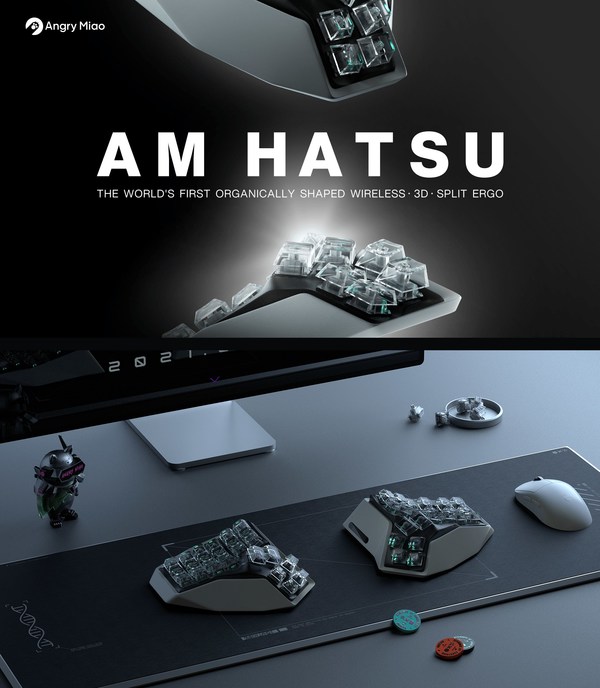 AM HATSU - the world's first organically shaped wireless · 3D · split ergo keyboard