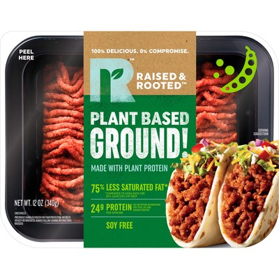 Raised & Rooted™ Plant-Based Ground delivers a tasty option for mealtime inspiration. Made with pea protein, and soy free, the ground provides 24g of protein per serving, with 75 percent less saturated fat than traditional 80/20 beef.