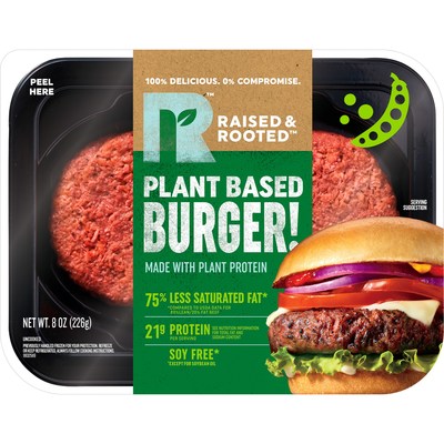 Raised & Rooted™ Plant-Based Burger patties are made with pea protein, and deliver a tasty, better-for-you version of traditional beef burgers without sacrificing that juicy burger experience. An excellent source of protein with 21g per serving, the burger patties have 75 percent less saturated fat.