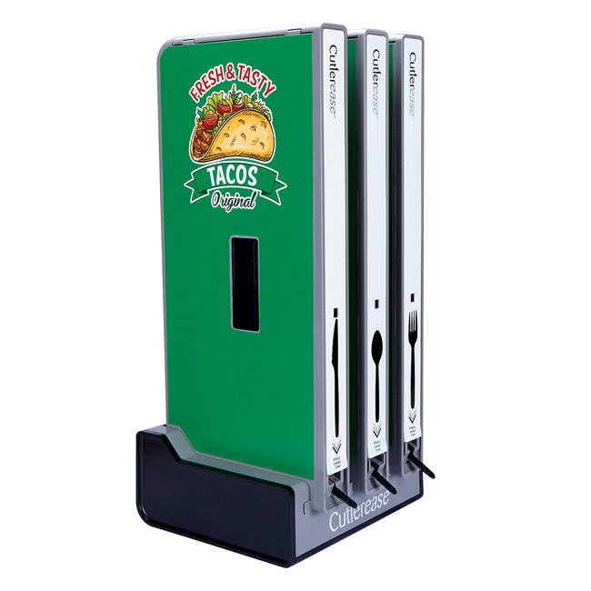 Available from Waddington North America, Cutlerease is now offered with single-, double- or triple-tower bases to hold forks, knives or spoons. This allows customers to choose dispensers holding one, two or three utensil types depending on their need. The tower base also can now be customized with logos, branding or advertising.