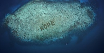 SHEBA Hope Reef, which can be seen on Google Earth, has been regrown to spell the word ?HOPE? to drive awareness and show how positive change can happen within our lifetime; Salisi' Besar, Indonesia;  AUG 2020