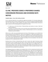 CU Inc. Provides Series 4 Preferred Shares Conversion Privilege and Dividend Rate Notice