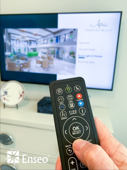 Enseo’s room control and energy management system, Fido®, allows residents the Atria Newport Beach senior living community in southern California to easily and safely navigate their own environments by controlling the TV, lights, window shades and thermostat from the TV remote.