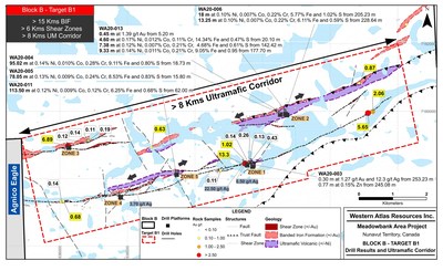 Figure 1 - Block B, Target B1, Drill Holes and Ultramafic Corridor (CNW Group/Western Atlas Resources)