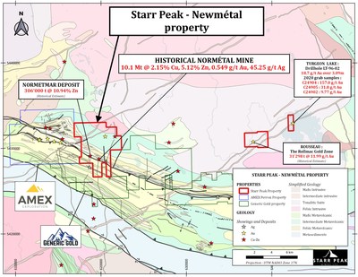 Figure 1: Geological map of the NewMétal property with respect to neighbouring projects and underlain by government-mapped geology (CNW Group/Starr Peak Mining Ltd.)
