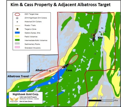 Plan View of the Kim & Cass Property - Historical and NHK 2014 Drill Collar Locations and 2021 Target Areas (CNW Group/Nighthawk Gold Corp.)