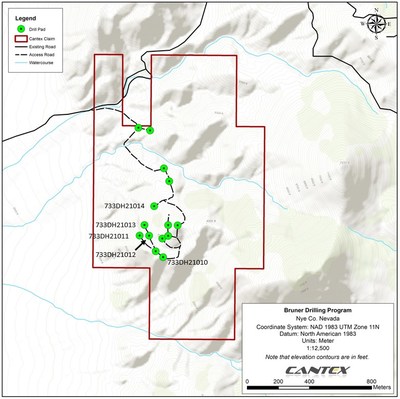 Figure 2. Bruner access roads and drill pads. (CNW Group/Cantex Mine Development Corp.)