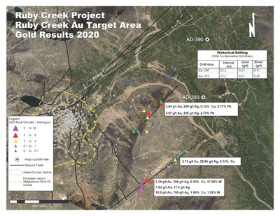 Figure 4 – Select Gold & Silver Rock Sample Results, Ruby Creek Au Target Area (CNW Group/Stuhini Exploration Ltd.)