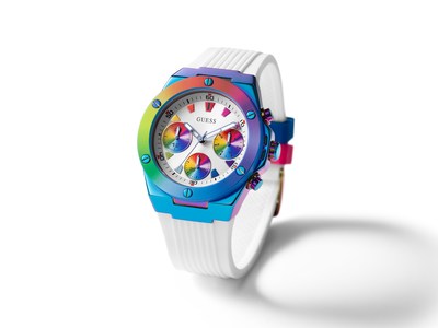 The GUESS Watches #WornWithPride collection's Signature style features an iridescent blue plating 40mm case and rainbow printed top ring on a smooth white silicone strap