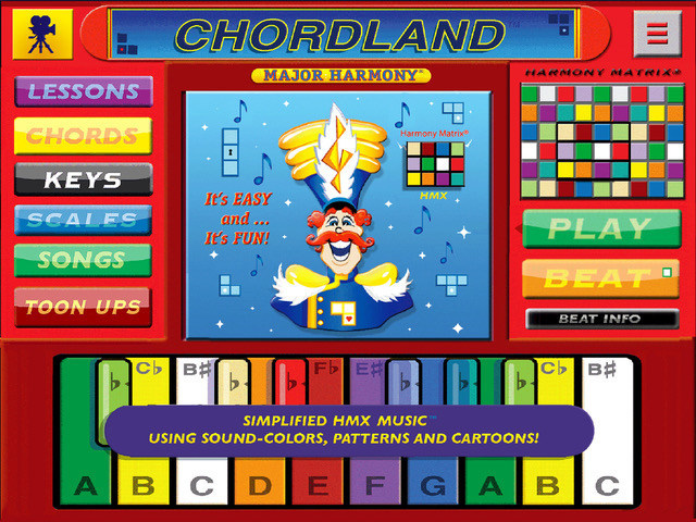 Major Harmony® ChordLand iPad app - Learn accelerated music lessons using the patented Harmony Matrix® with sound-colors, box patterns and music cartoons. The new ChordLand app is a powerful music organizer. All scales, chords and keys are listed in connected color harmony. This app teaches the student to read the color grand staff ... PLUS! There is a fun 30 min. animated harmony story to watch! See a short 4 min. demo video on - www.majorharmony.com