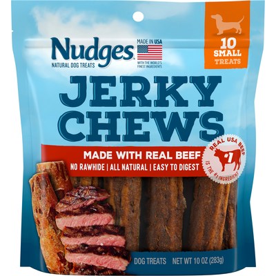 Nudges Jerky Chews offer a softer take on a long-lasting dog treat. Now available in a beef flavor, the new Jerky Chews variety features a flavorful hardened beef middle wrapped in a chewy beef coating for two delicious layers of real, USA beef. Available this May in a small treat size offering with ten treats per pouch.