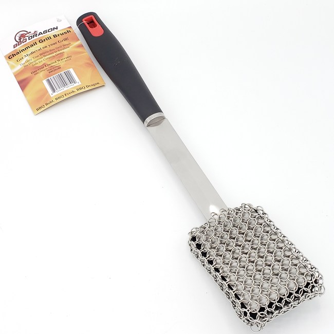The new Bristle-Free Chainmail Grill Brush from BBQ Dragon