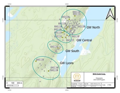 Figure 1: Greywacke 2021 Diamond Drill Hole Locations (CNW Group/MAS Gold Corp)